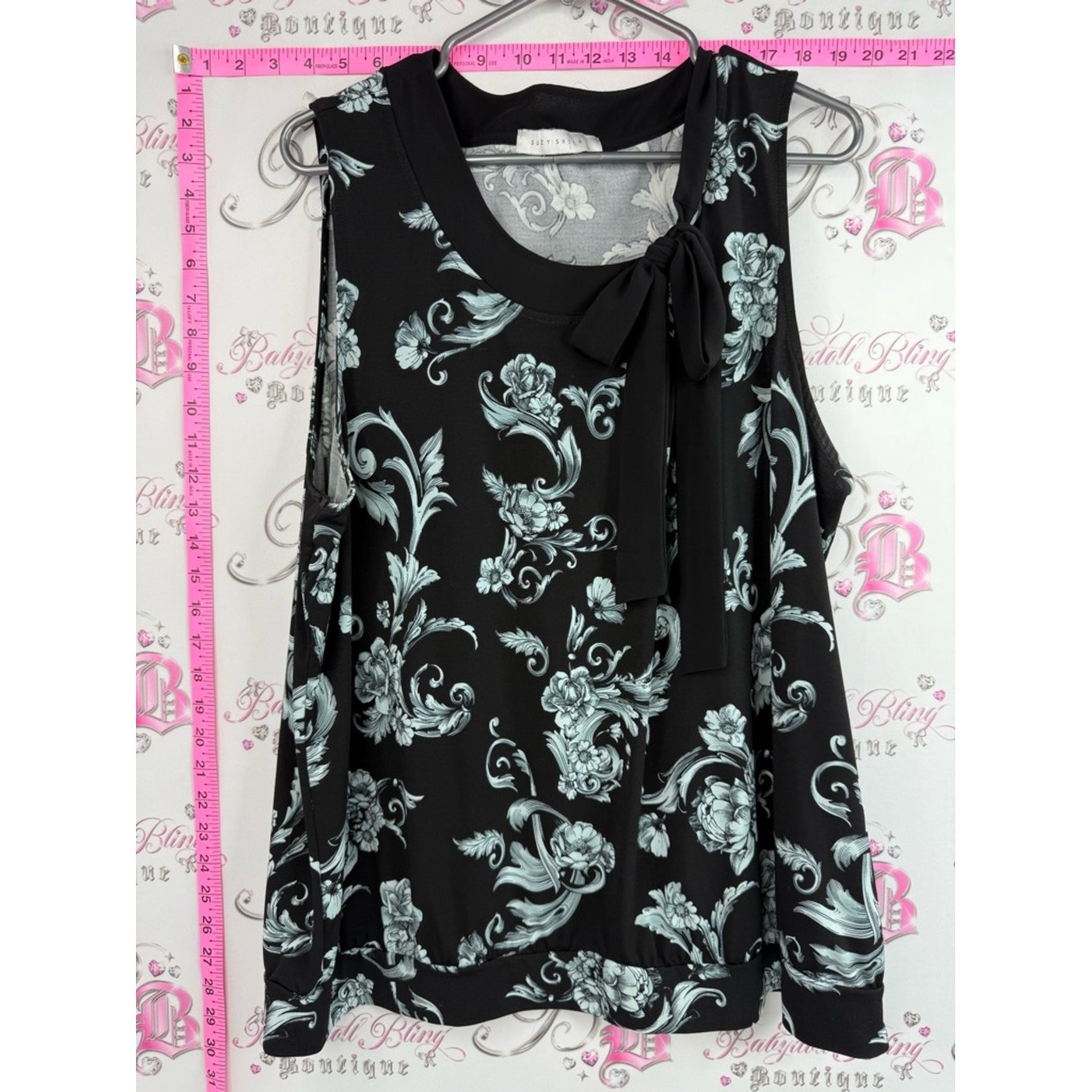 Suzy Shier Tank Top Ribbon Black Tie-Neck Floral Camisole With Mint Accents